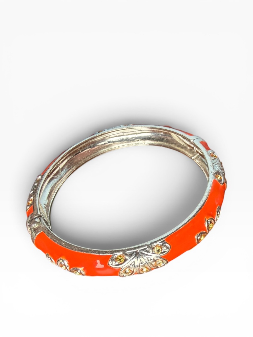 Orange Enamel Floral Rhinestone Hinged Bangle Bracelet